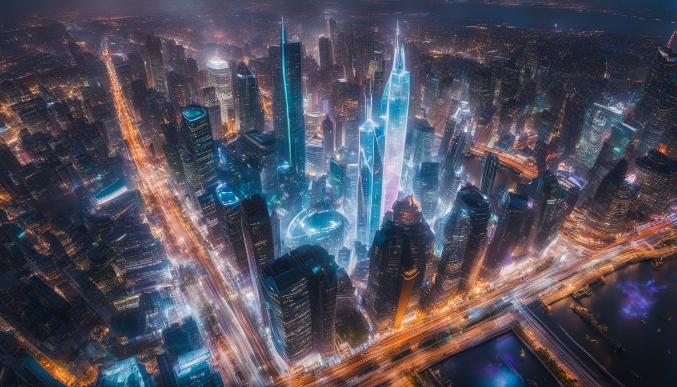 A futuristic holographic cityscape projected with vibrant aerial photography showcasing a bustling atmosphere.
