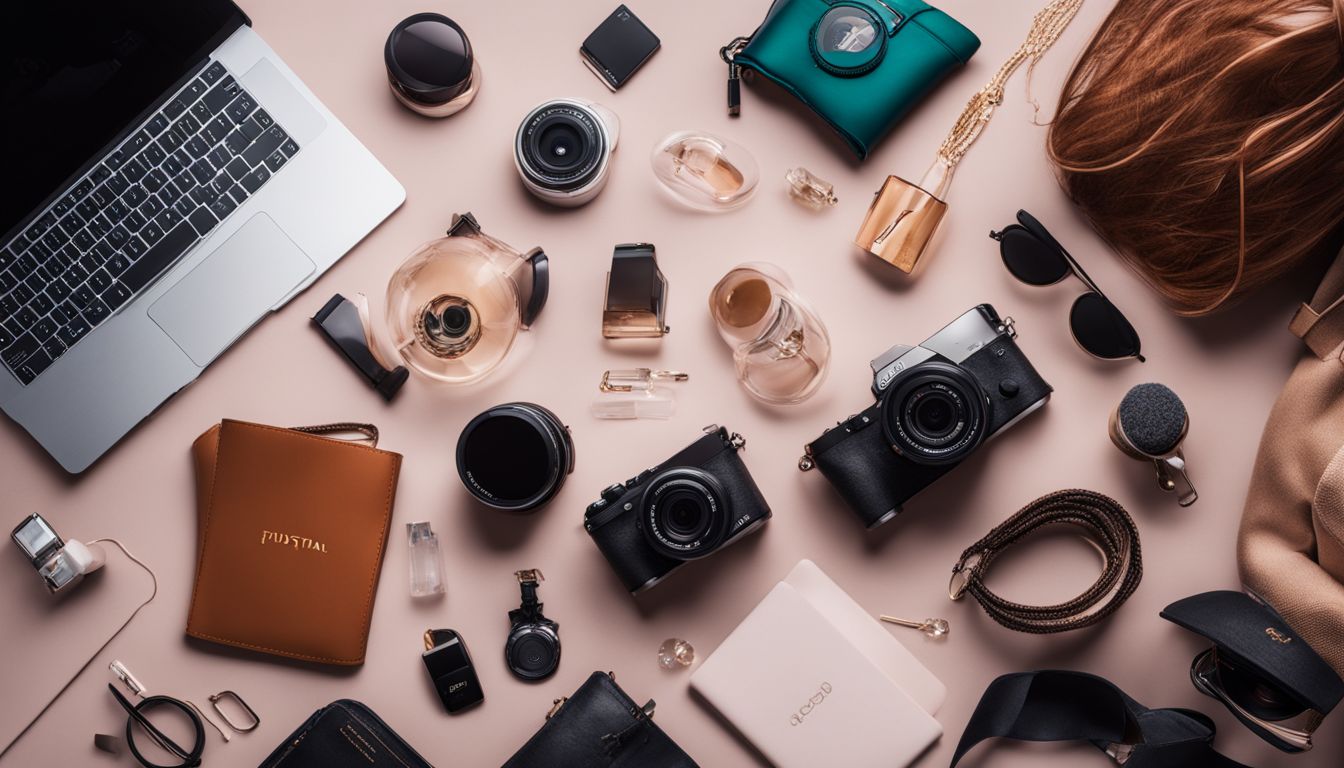 A stylish flatlay of various branded products surrounded by social media icons, depicting a bustling atmosphere with sharp focus and clear colors.