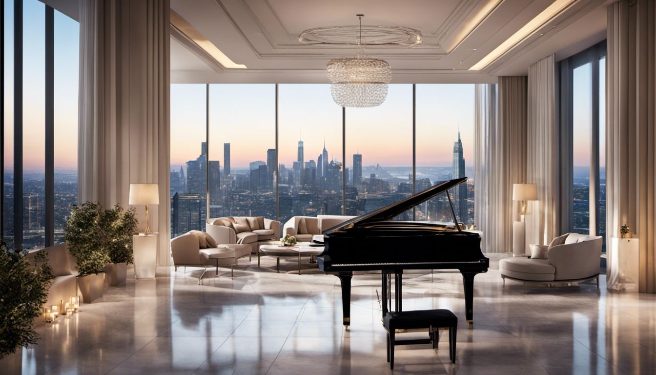 An elegant and modern corporate event venue with stunning city views, sleek furniture, minimalist artwork, and a grand piano.