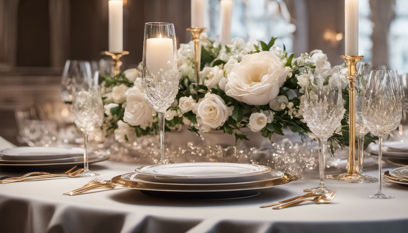 A classy event table setup with elegant floral centerpieces, fine china plates, and sparkling crystal glassware.