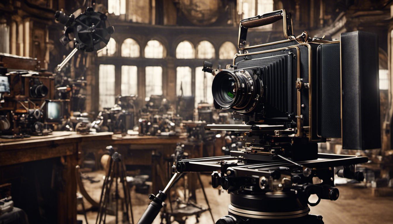 A film camera on a film set surrounded by production equipment, showcasing the intricacies of cinematography.