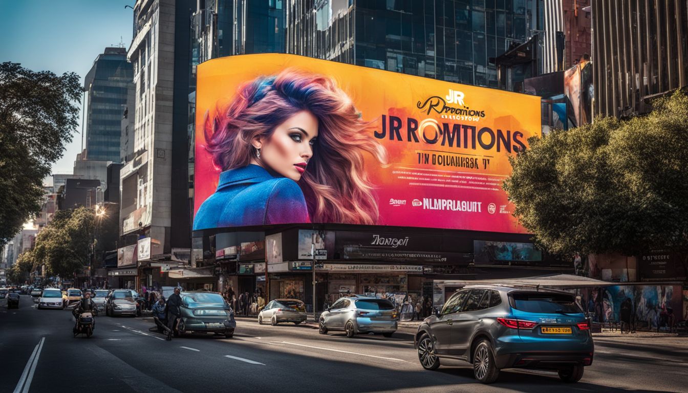 A vibrant billboard advertising JR Promotions in the bustling streets of Johannesburg, featuring diverse faces, hairstyles, and outfits.