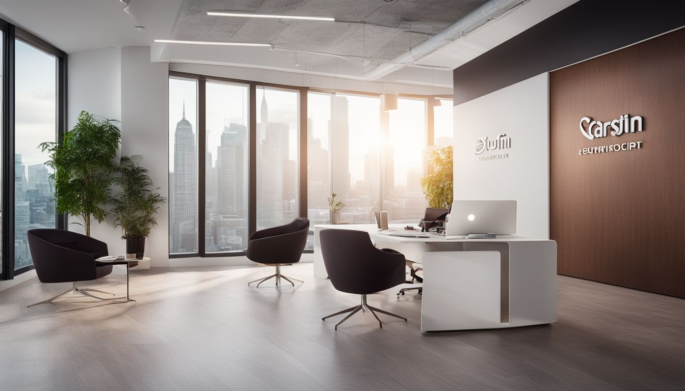 A sleek and modern office environment with a prominent brand logo and a bustling atmosphere.