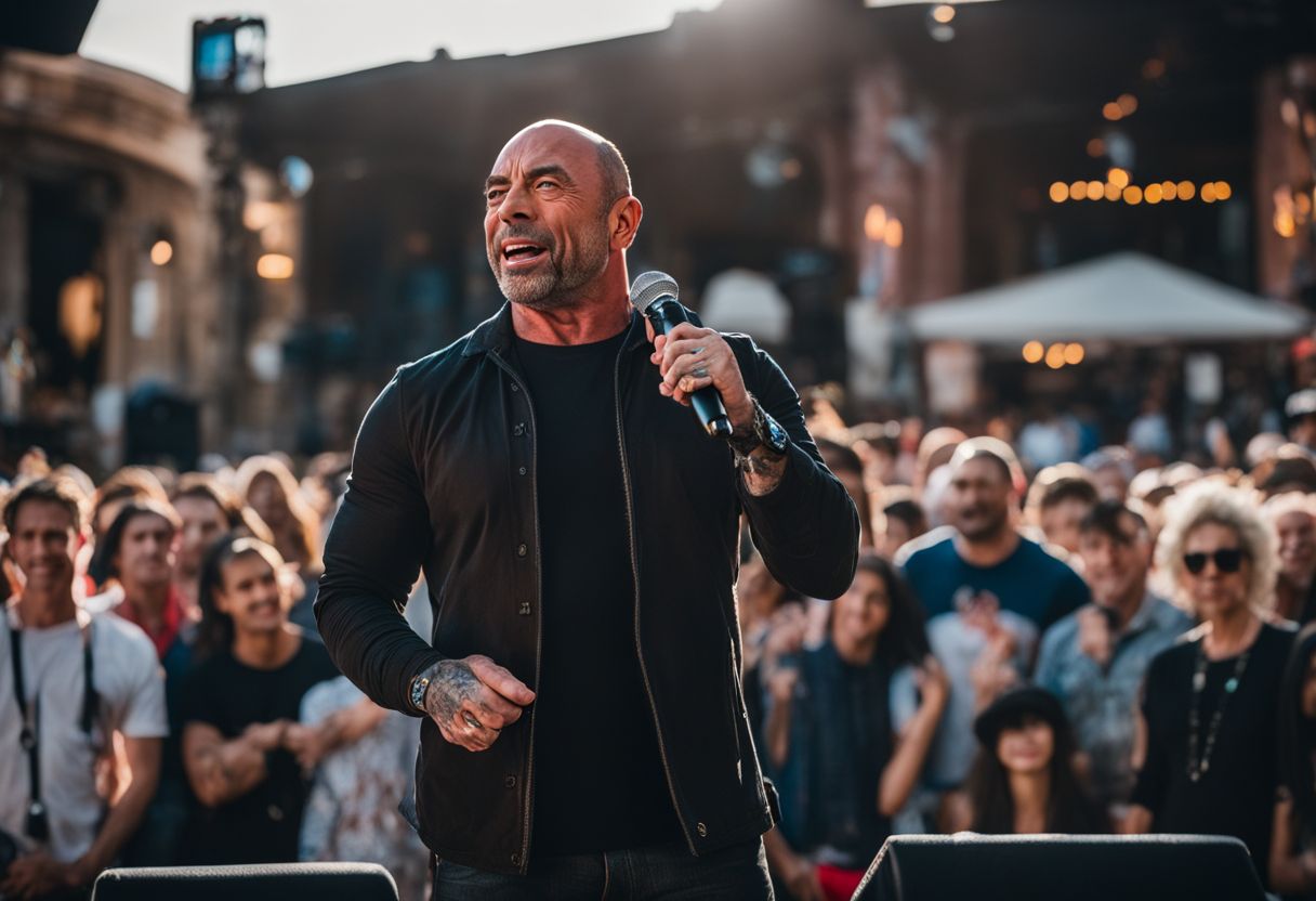 Joe Rogan performing stand-up comedy on a well-lit stage with a microphone.