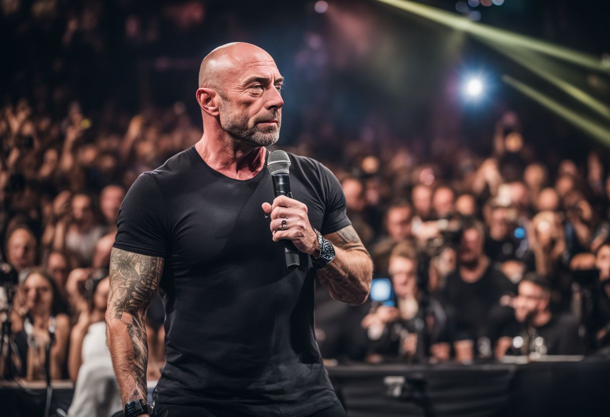 Joe Rogan confidently speaking on a stage with a microphone.