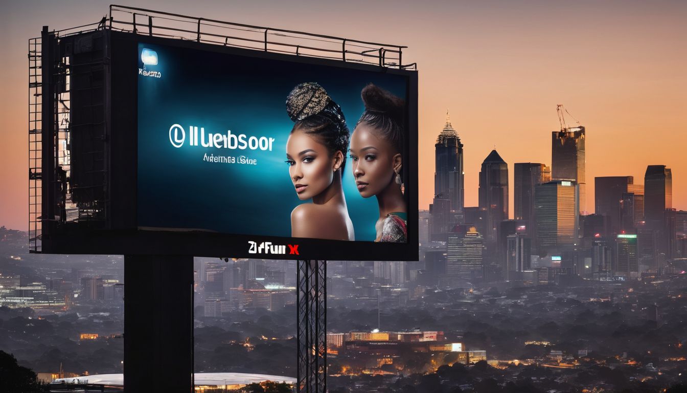 An illuminated billboard in Johannesburg showcases various advertising images against the city's iconic skyline.