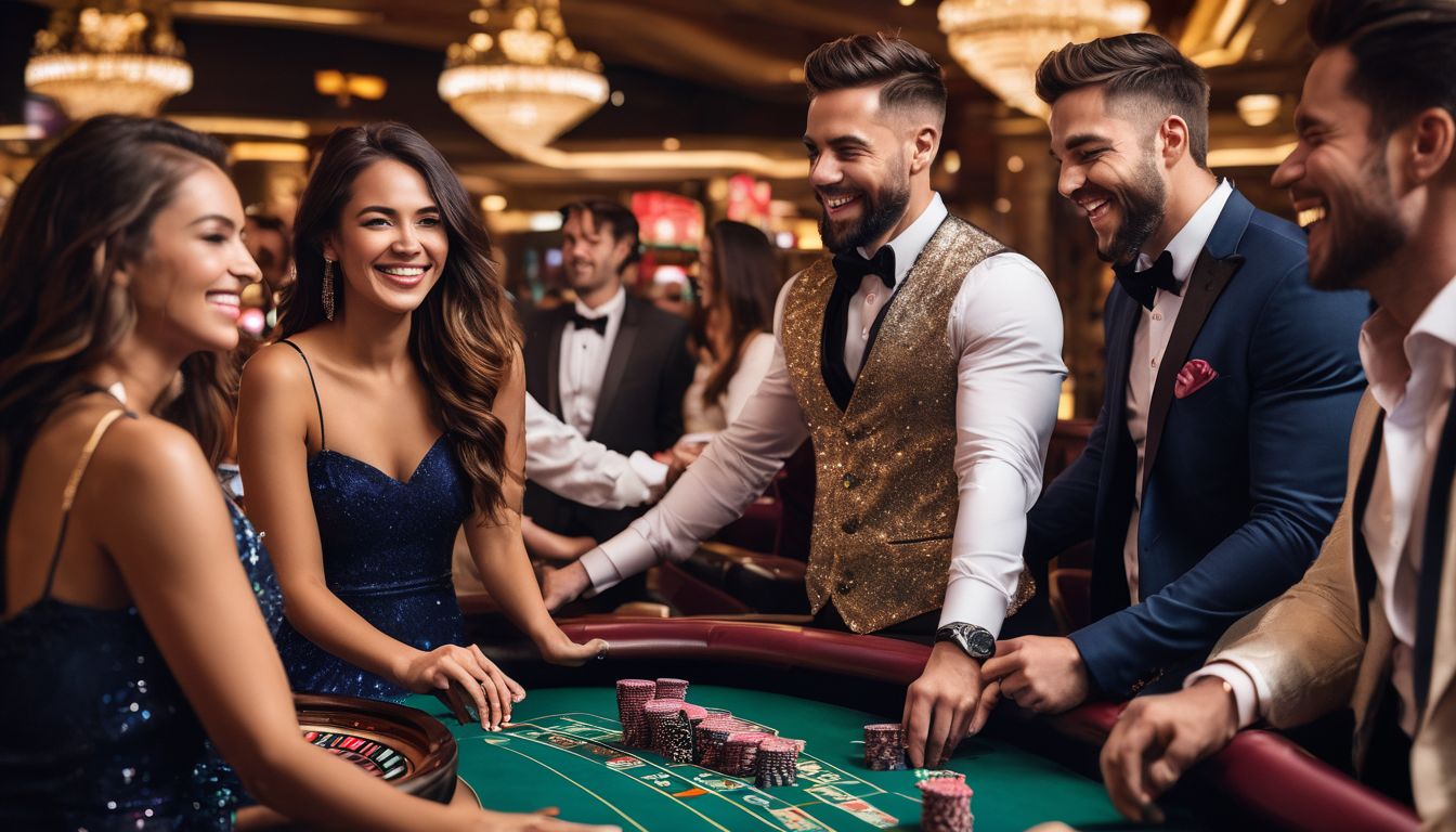 En grupp vänner firar och spelar kasinospel i en lyxig och livlig miljö.