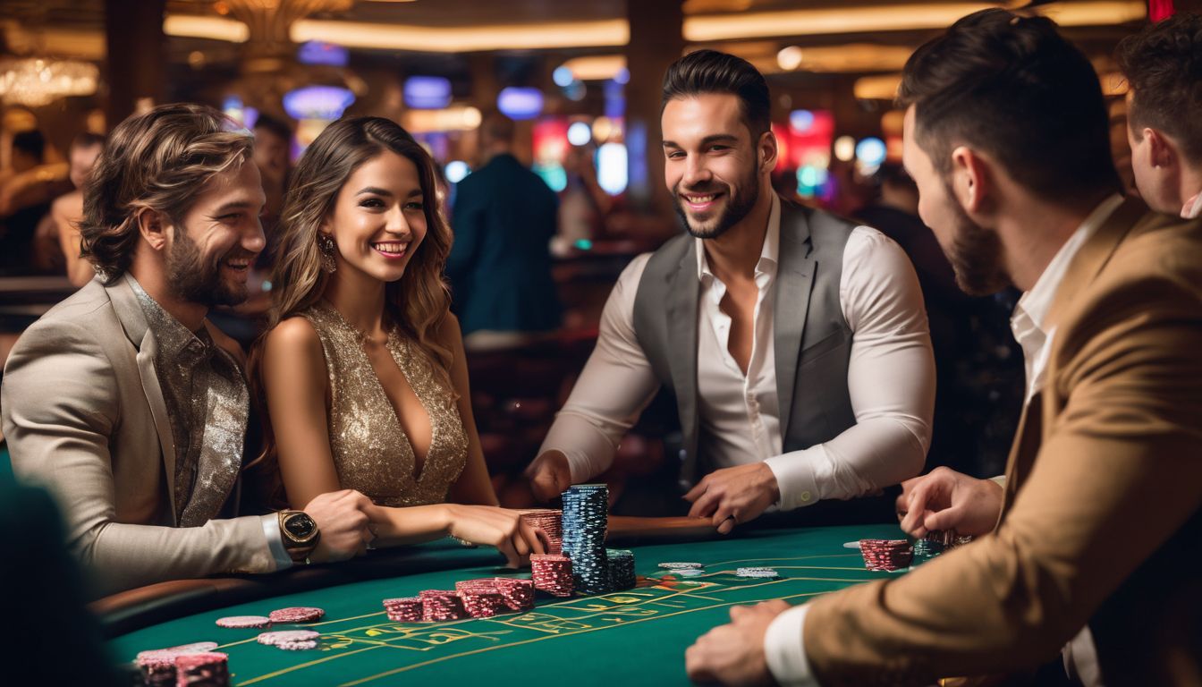 En grupp människor spelar casino online i en livlig stadsmiljö.