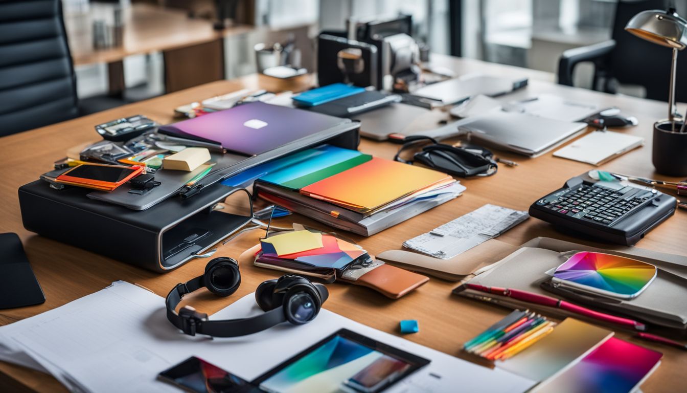 A collection of vibrant marketing materials and tools scattered on a stylish office desk.