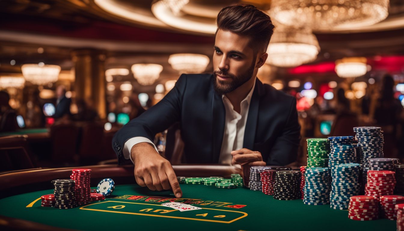 En person som håller i en stapel casinotärningar omgiven av spelkort och en rouletthjul.