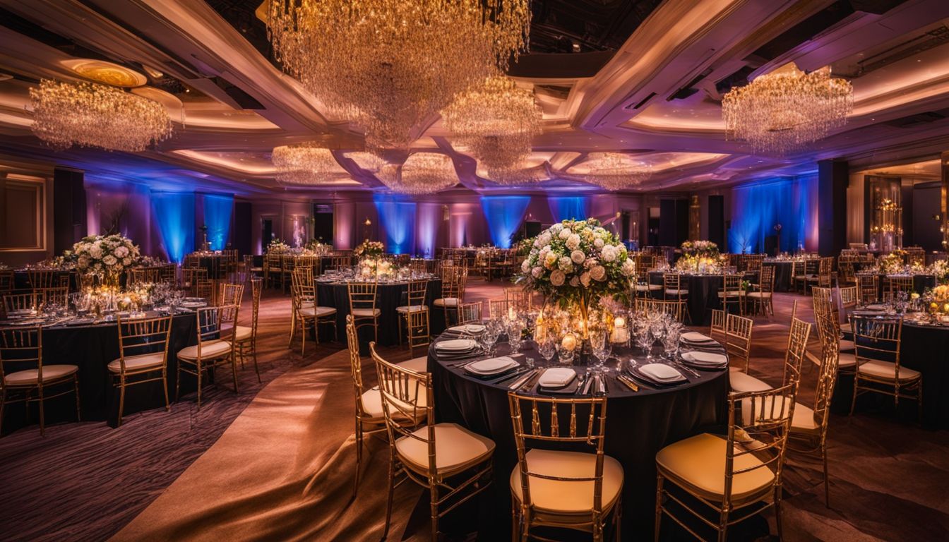 A stunningly decorated event venue with vibrant lighting and exquisite decorations, capturing the bustling atmosphere.