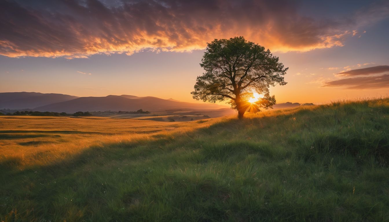 A solitary tree stands in a meadow below a vibrant sunset.