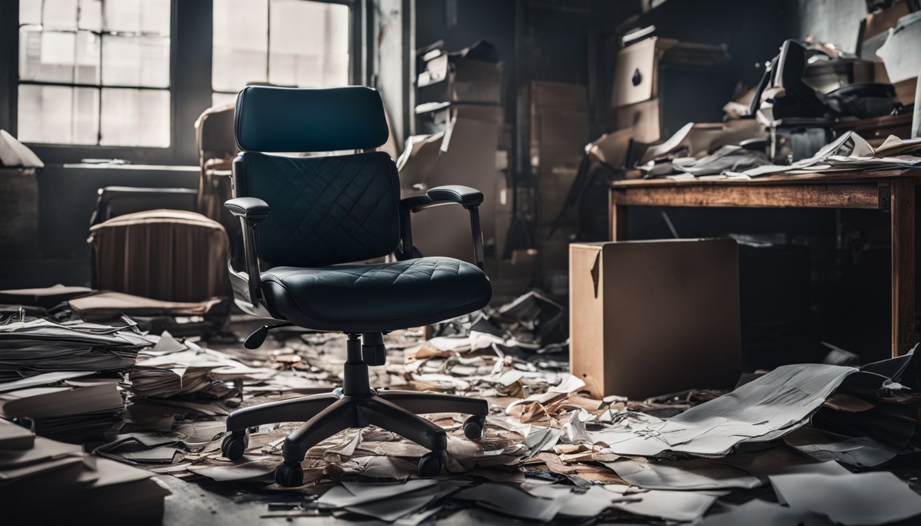 A broken office chair surrounded by paperwork and captured in high resolution for industrial photography purposes.