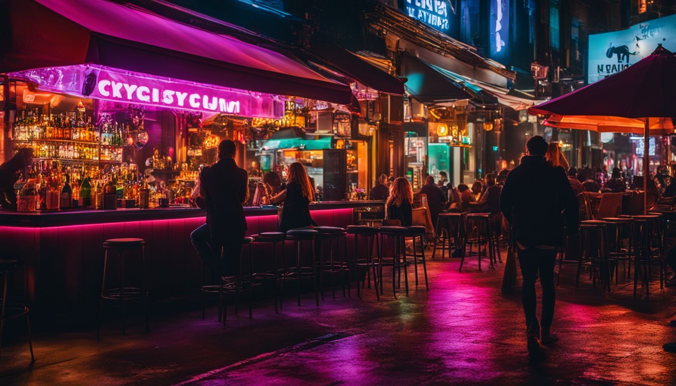 A vibrant and lively cityscape at night with neon-lit clubs and bars, showcasing diverse styles and a bustling atmosphere.