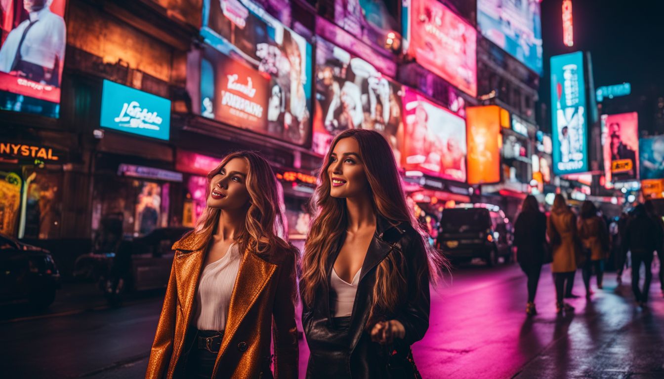 A vibrant city street lined with illuminated billboards promoting various nightlife brand ambassadors.