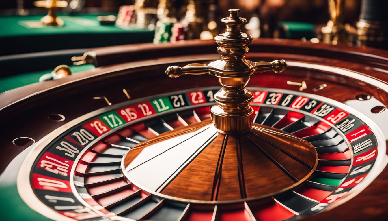 En närbild av ett snurrande roulettehjul i en elegant casinomiljö.