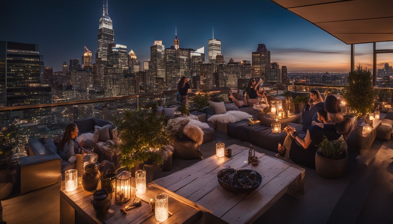 A rooftop party with diverse attendees, featuring a beautiful cityscape backdrop, captured in stunning detail.
