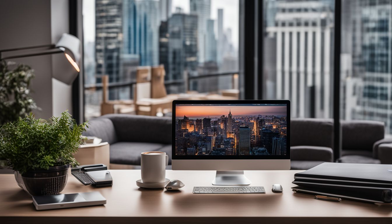 A photo of a laptop with a cup of coffee on a desk in a modern office setting, surrounded by various cityscape photographs and different faces with different hair styles and outfits.