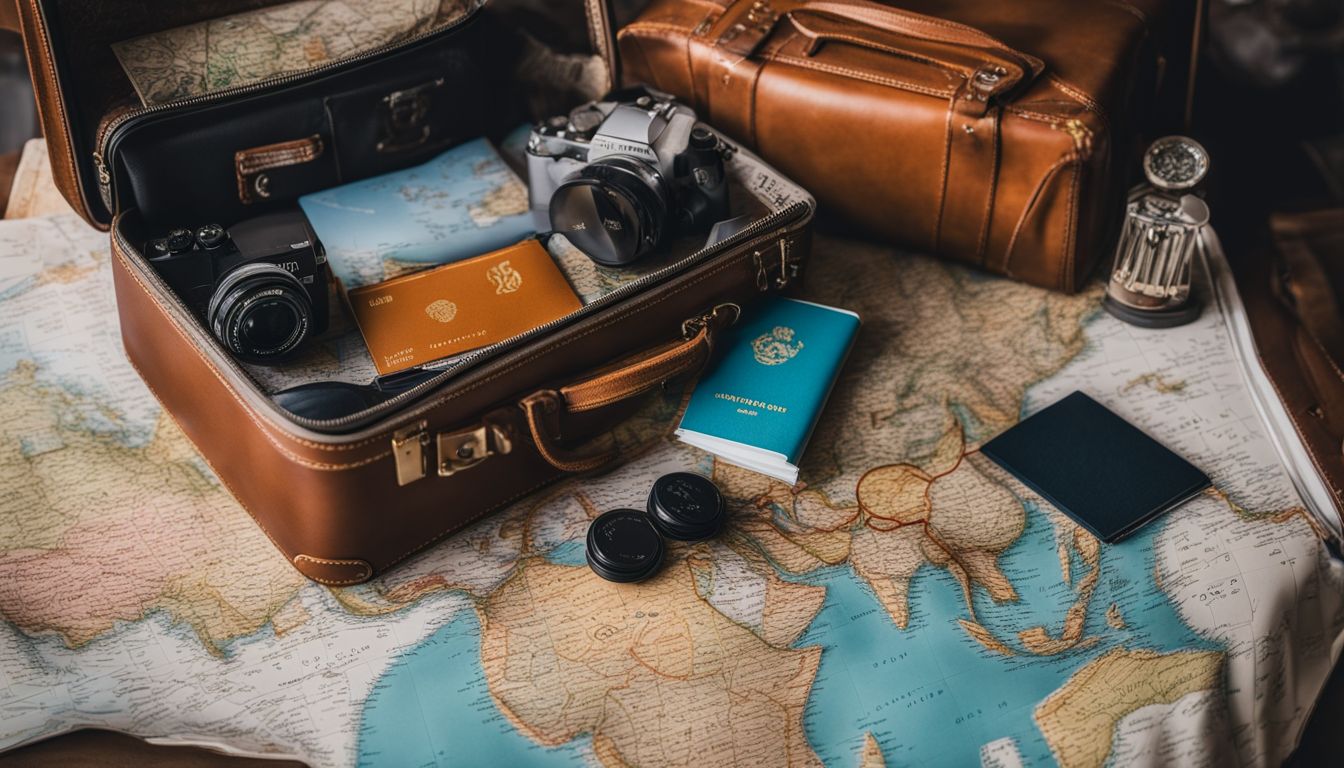 A collection of travel essentials including a suitcase, world map, passport stamps, and photography equipment.