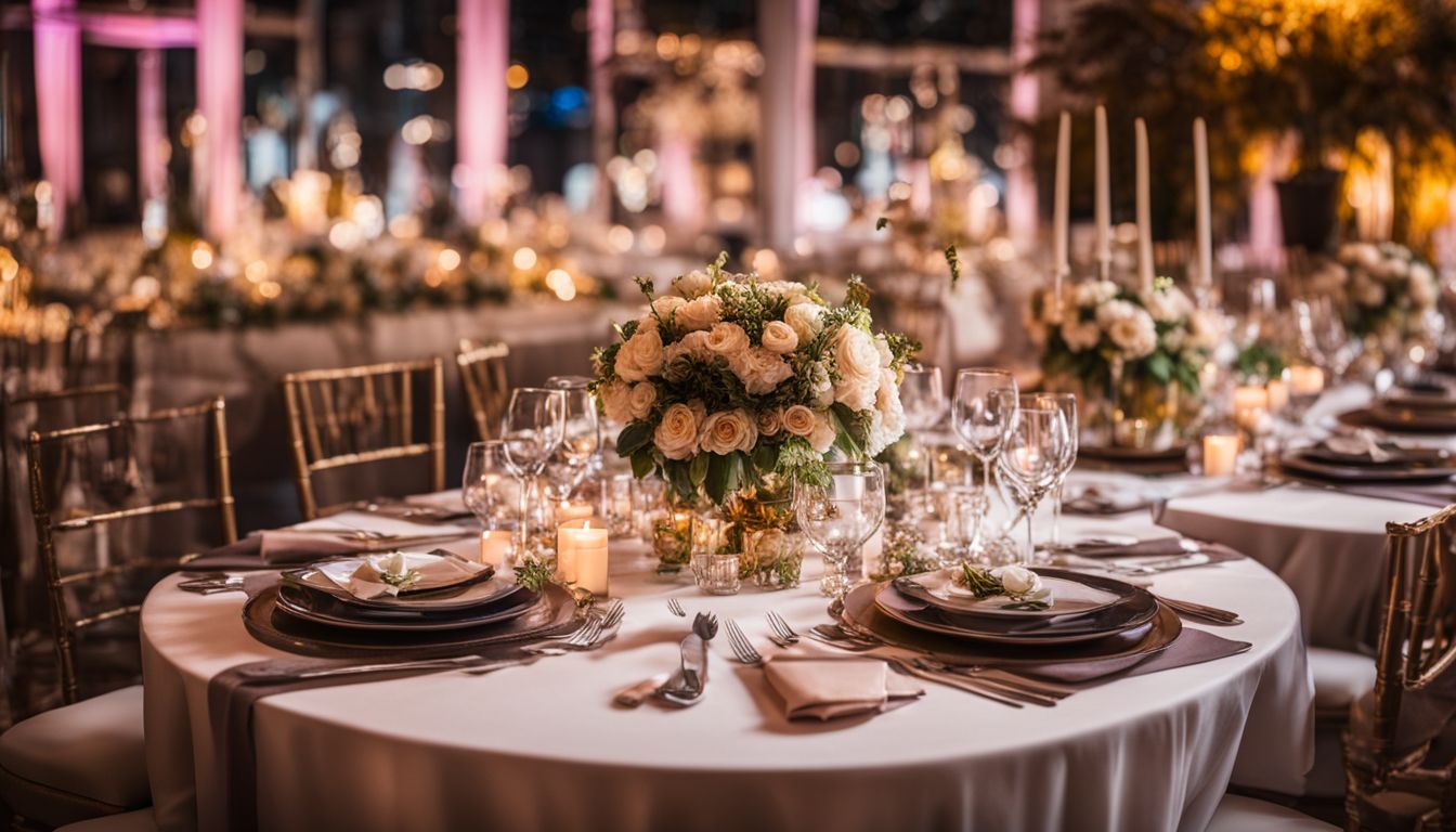 A table adorned with elegant event decorations and centerpieces in a bustling atmosphere, captured in a crystal clear photograph.