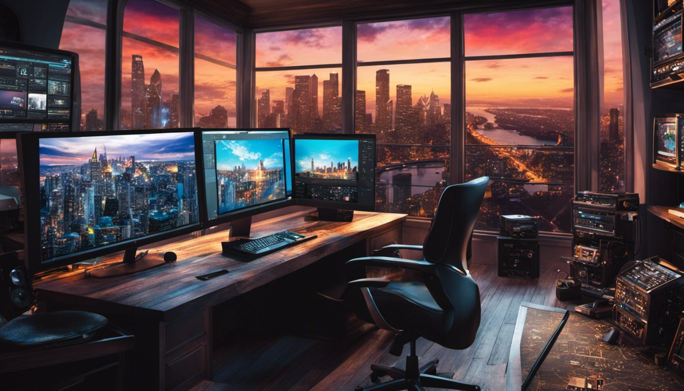A film editing workstation surrounded by film reels and cityscape photography captures the intricacies of the film editing process.