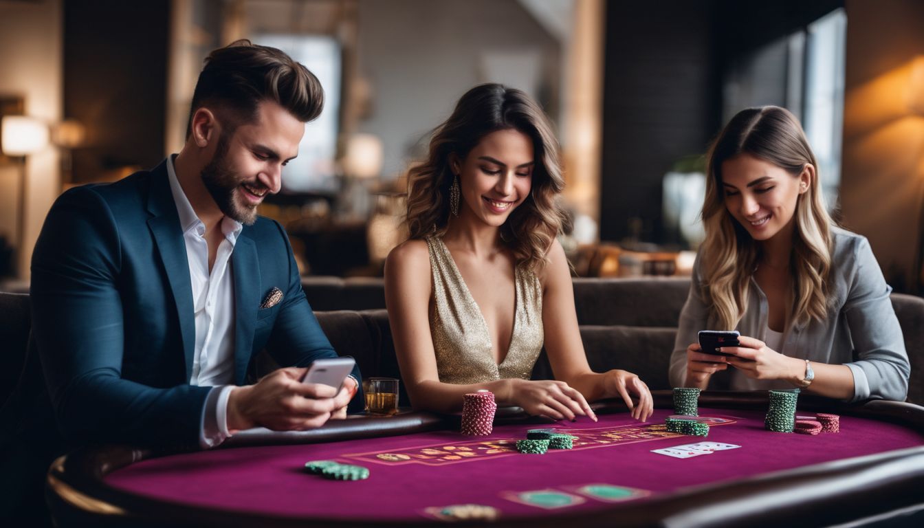 En grupp människor spelar online casino spel på sina smartphones.