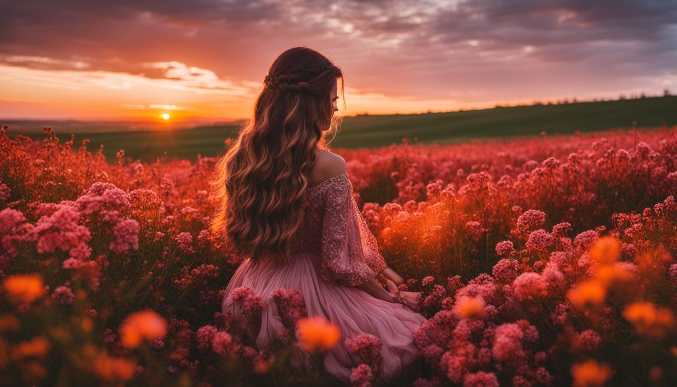 A stunning landscape photograph of a fiery sunset over a field of blooming flowers.