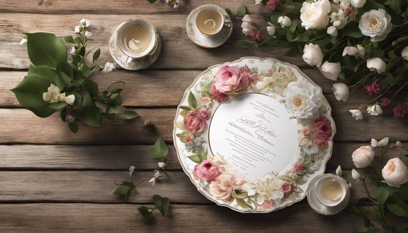 A sophisticated wedding invitation displayed on a rustic table amidst a lush garden with vintage teacups and china.