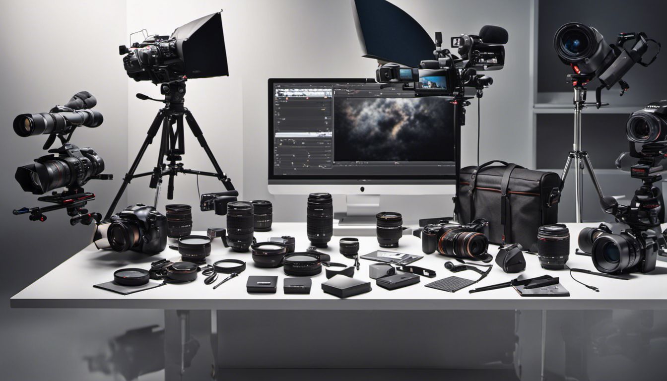 A collection of high-end video production equipment displayed neatly on a white table, exuding professionalism and precision.
