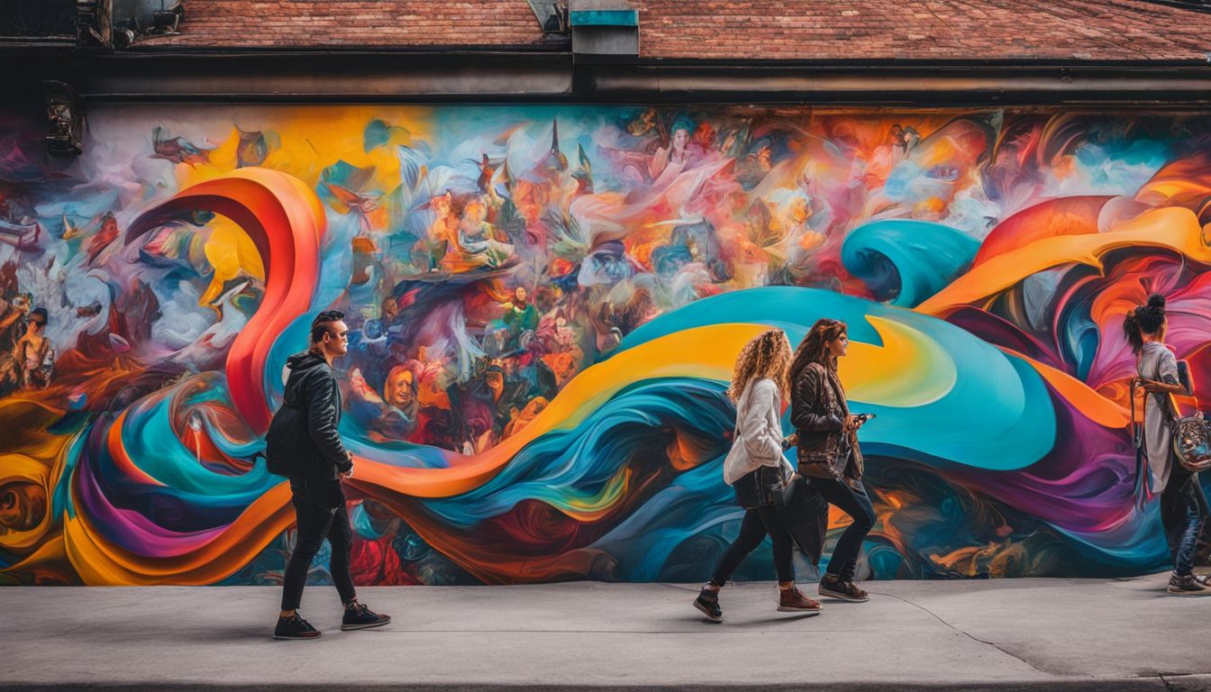 A vibrant street art mural attracts a crowd of people admiring the colorful scene.