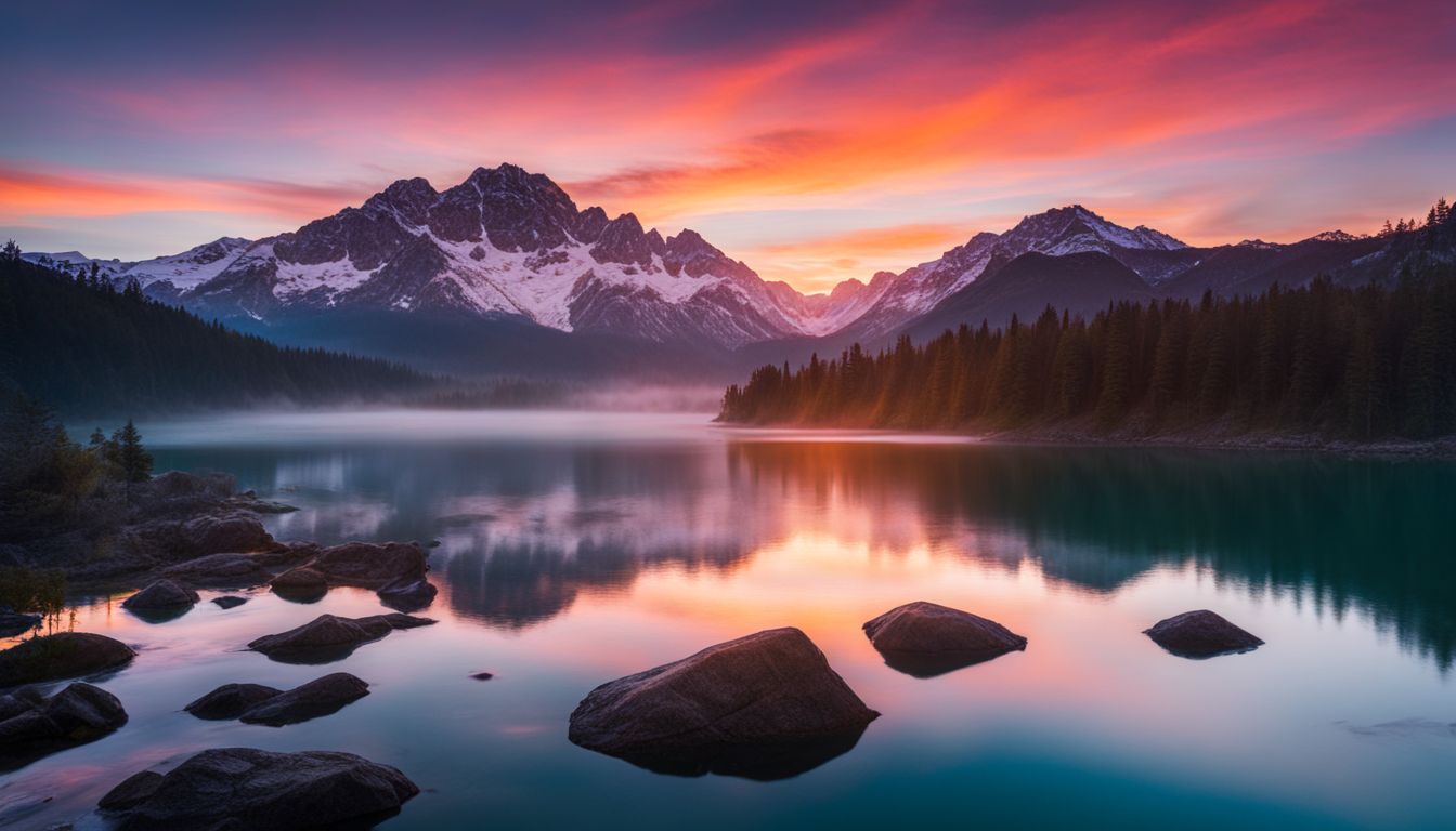 A stunning sunrise over a mountain range with various landscapes and elements, captured through professional photography.