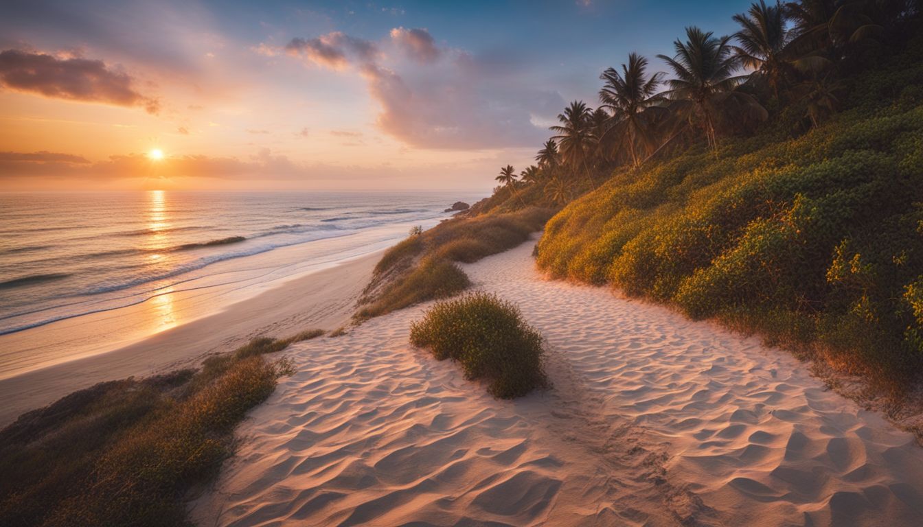 A picturesque beach path leading to a vibrant sunset, captured in high resolution.