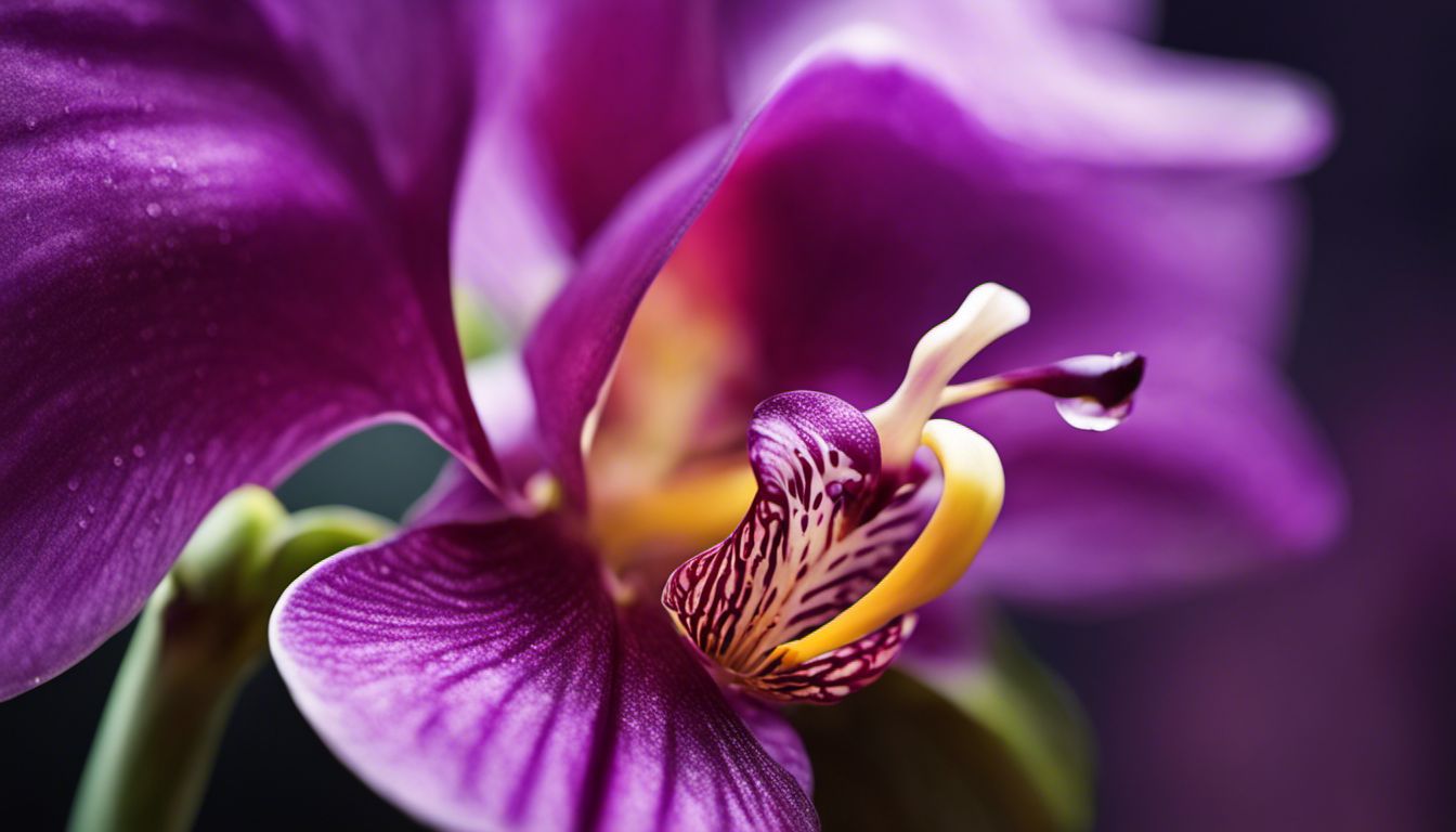 A macro shot of a purple orchid reveals its intricate beauty and delicate details.