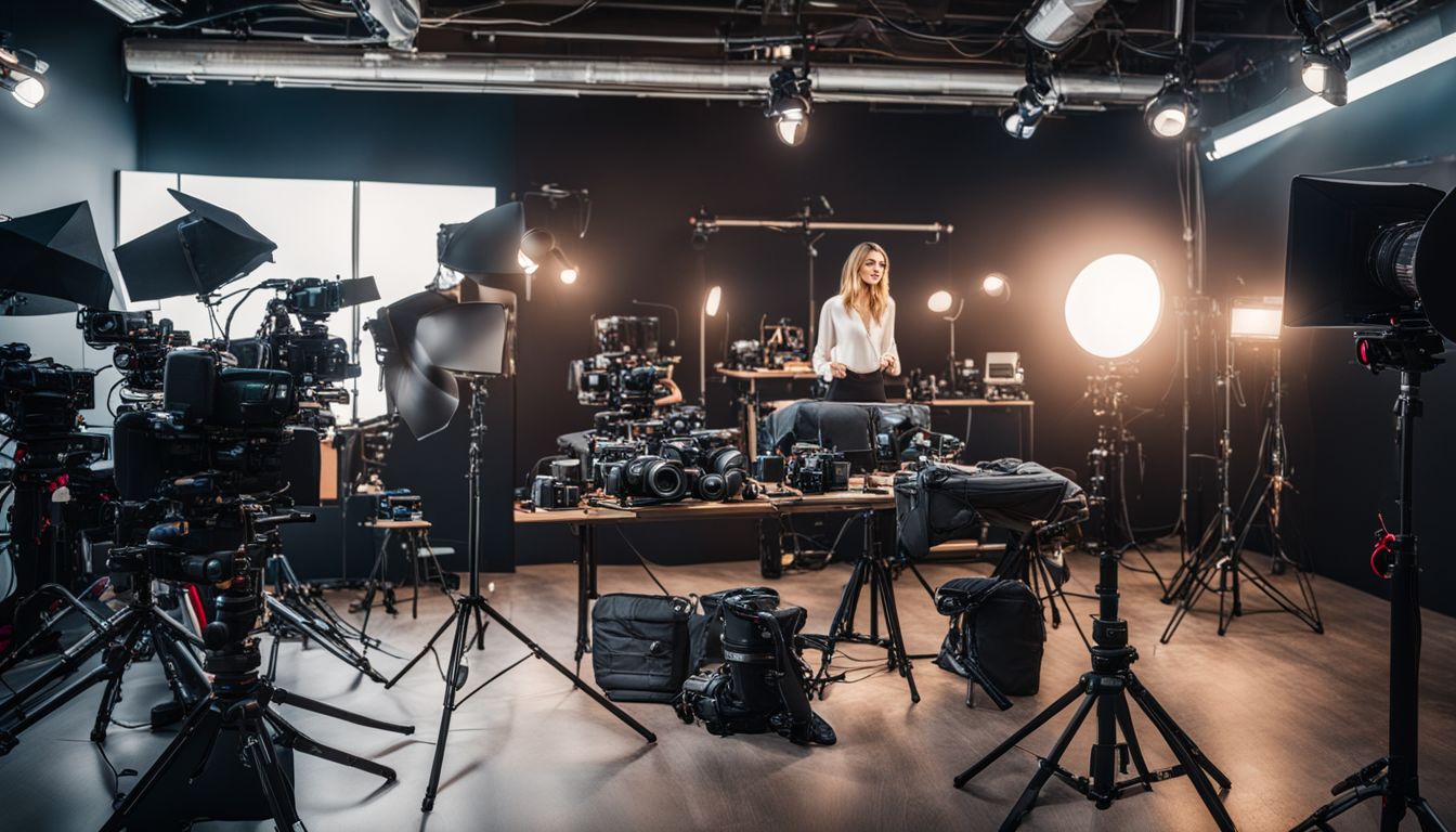 A collection of high-quality cameras and photography equipment in a modern media production studio.