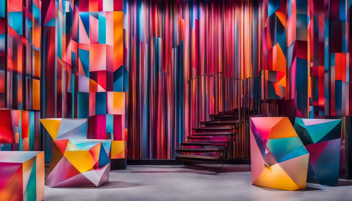 A vibrant and dynamic abstract art installation featuring geometric shapes, diverse faces, hairstyles, and outfits.