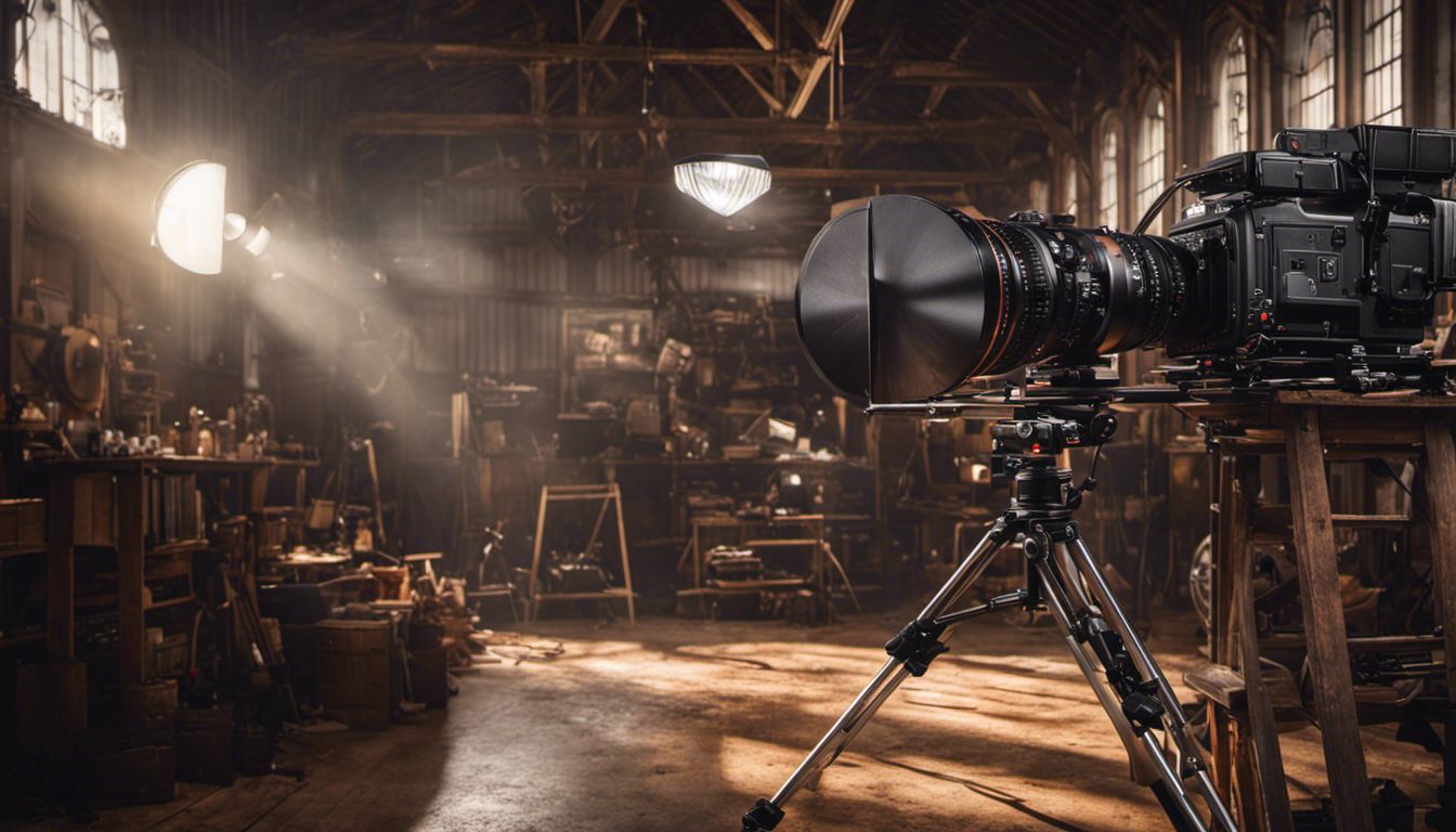 A vintage film camera on a sturdy tripod captures the essence of aerial photography in a bustling film production studio.