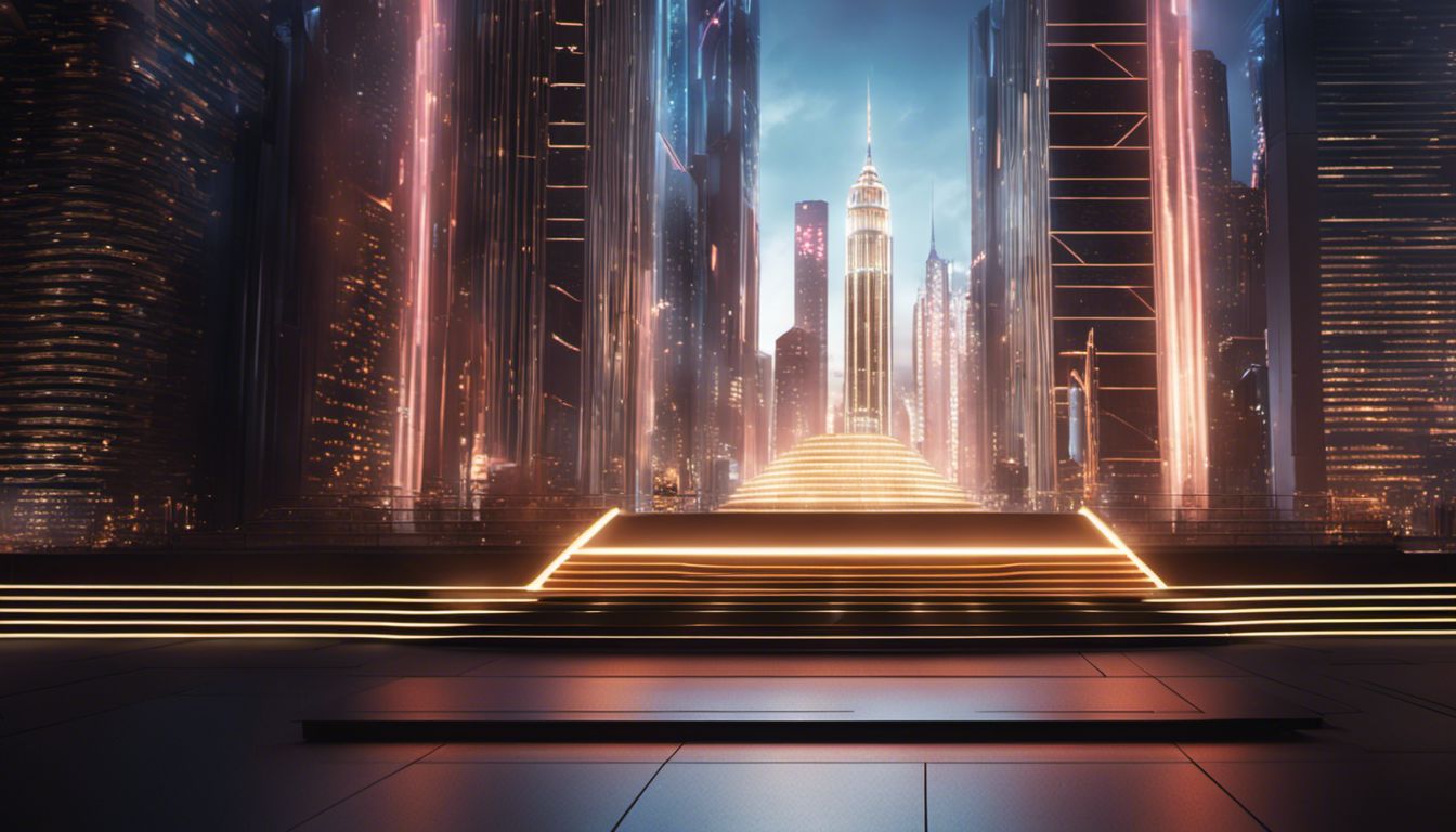 A grand stage featuring a futuristic cityscape set design, showcasing intricate details and advanced technological marvels.
