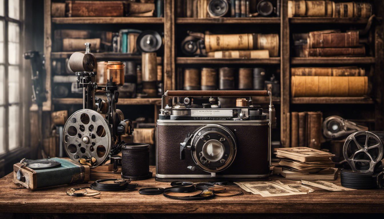 A vintage film editing setup with tools and equipment, surrounded by film canisters and cameras, creating a nostalgic atmosphere.