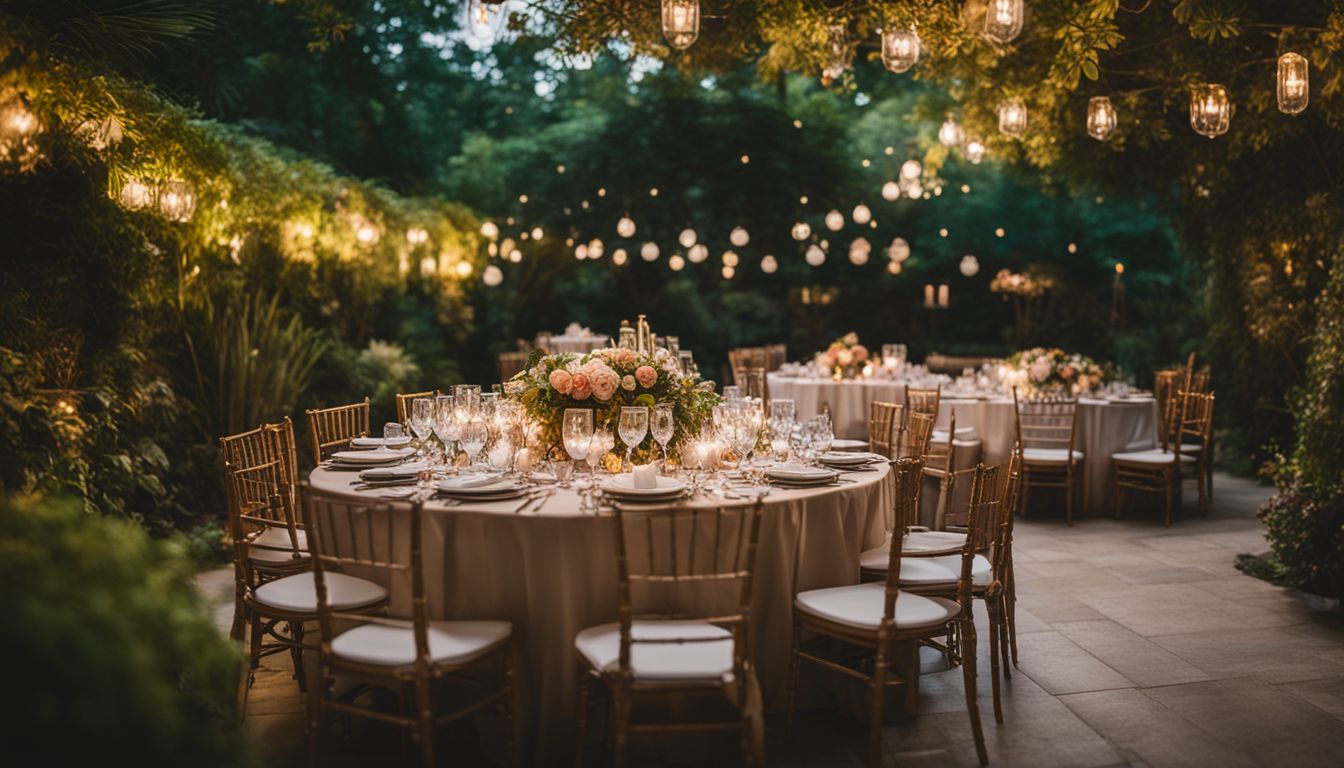 A beautiful wedding reception table set in a lush garden, captured with high-quality photography equipment, and without any humans in the scene.