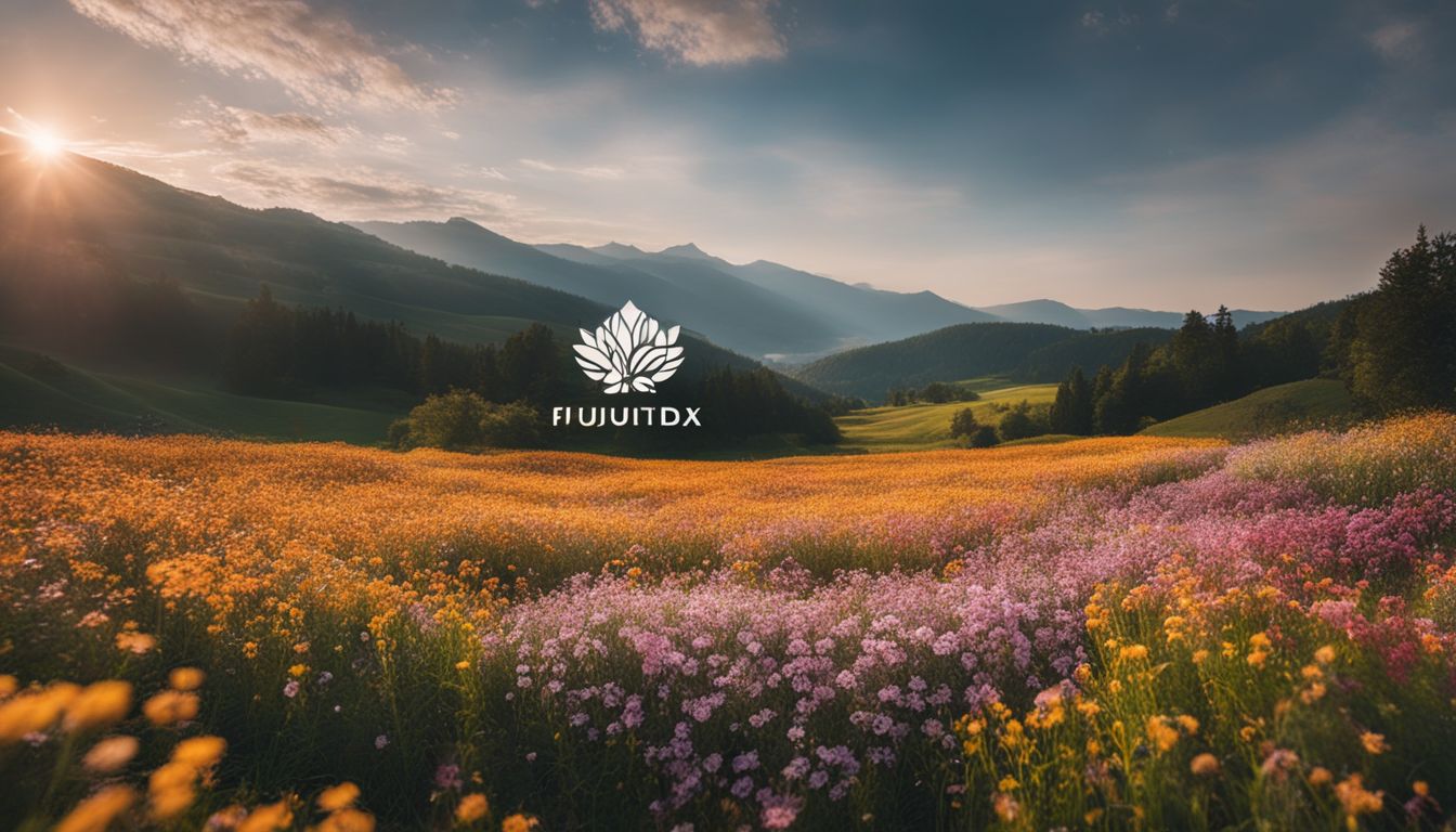 A field of blooming flowers with a prominent brand logo embedded, captured in high resolution.