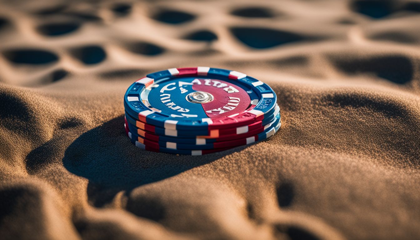En närbild av en trasig kasinochip på en övergiven strand.