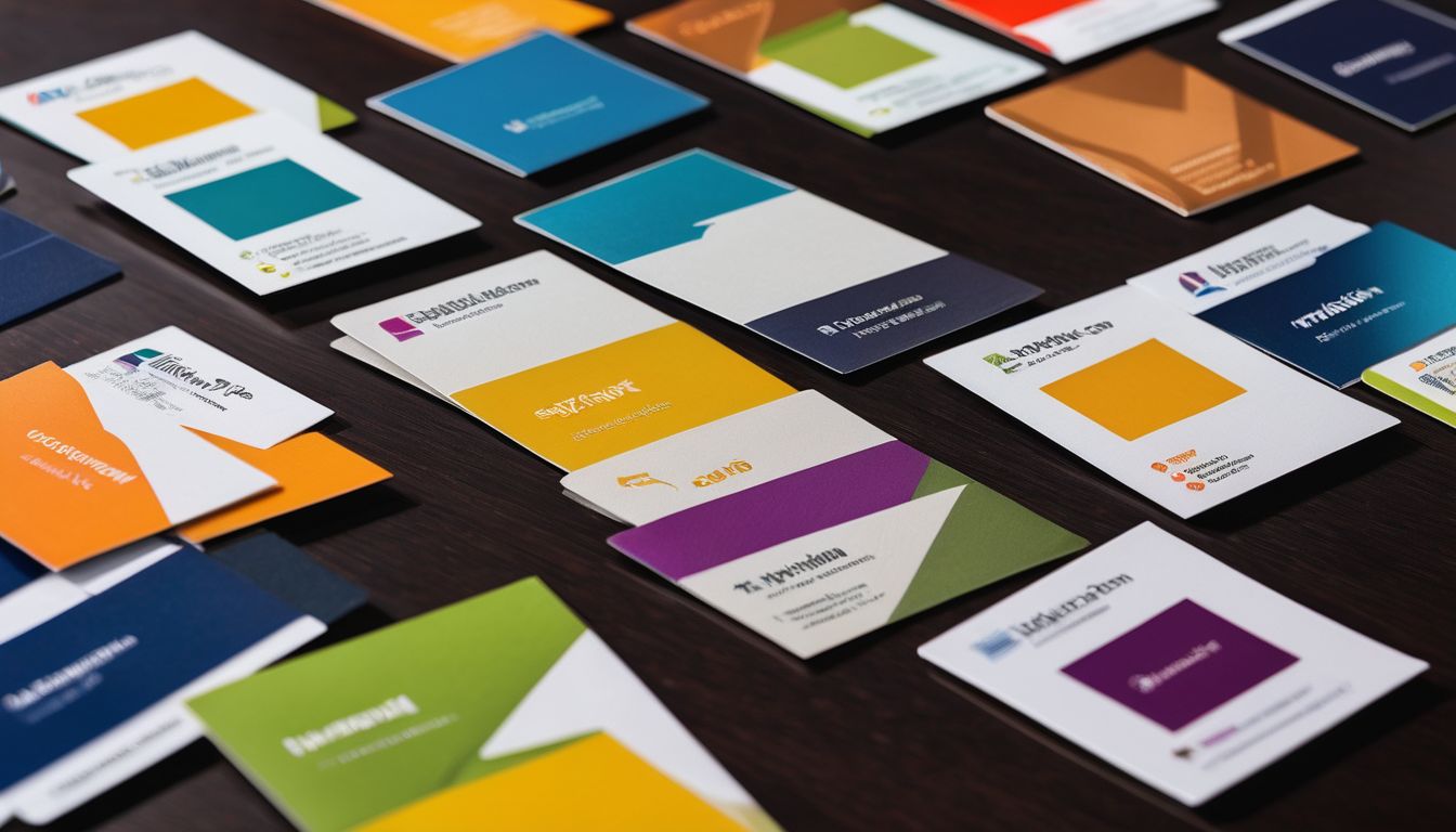 A close-up photo of diverse business cards on a modern office desk, with a bustling atmosphere.