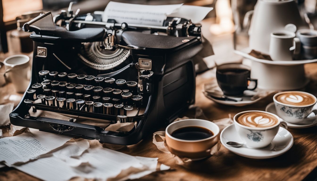 A vintage typewriter surrounded by crumpled paper and coffee cups in a bustling cityscape with diverse characters.