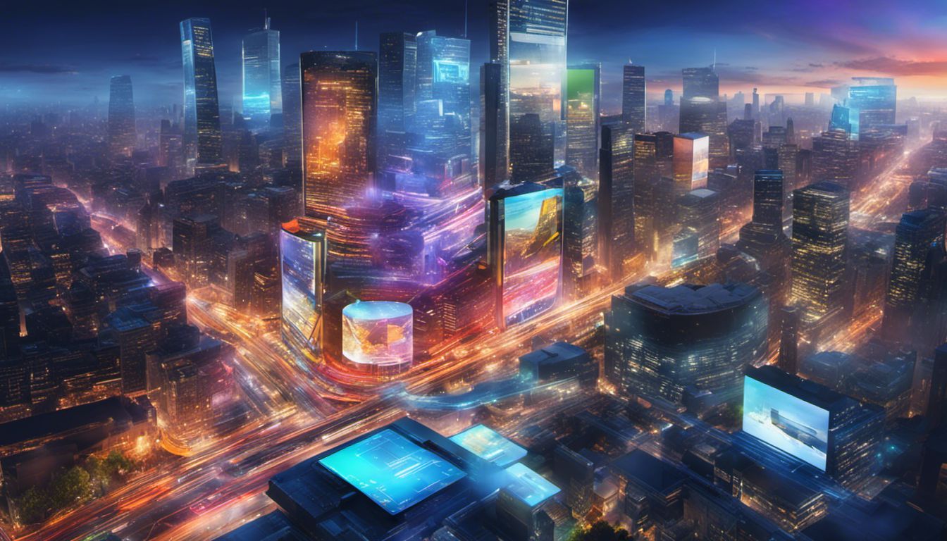 Aerial view of a modern website design displayed on screens against a cityscape backdrop.