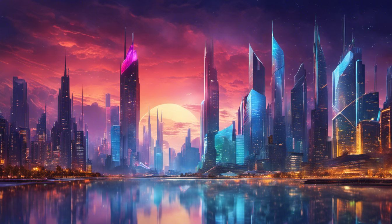 A vibrant futuristic city skyline reflected in a river, capturing the essence of a bustling metropolis.