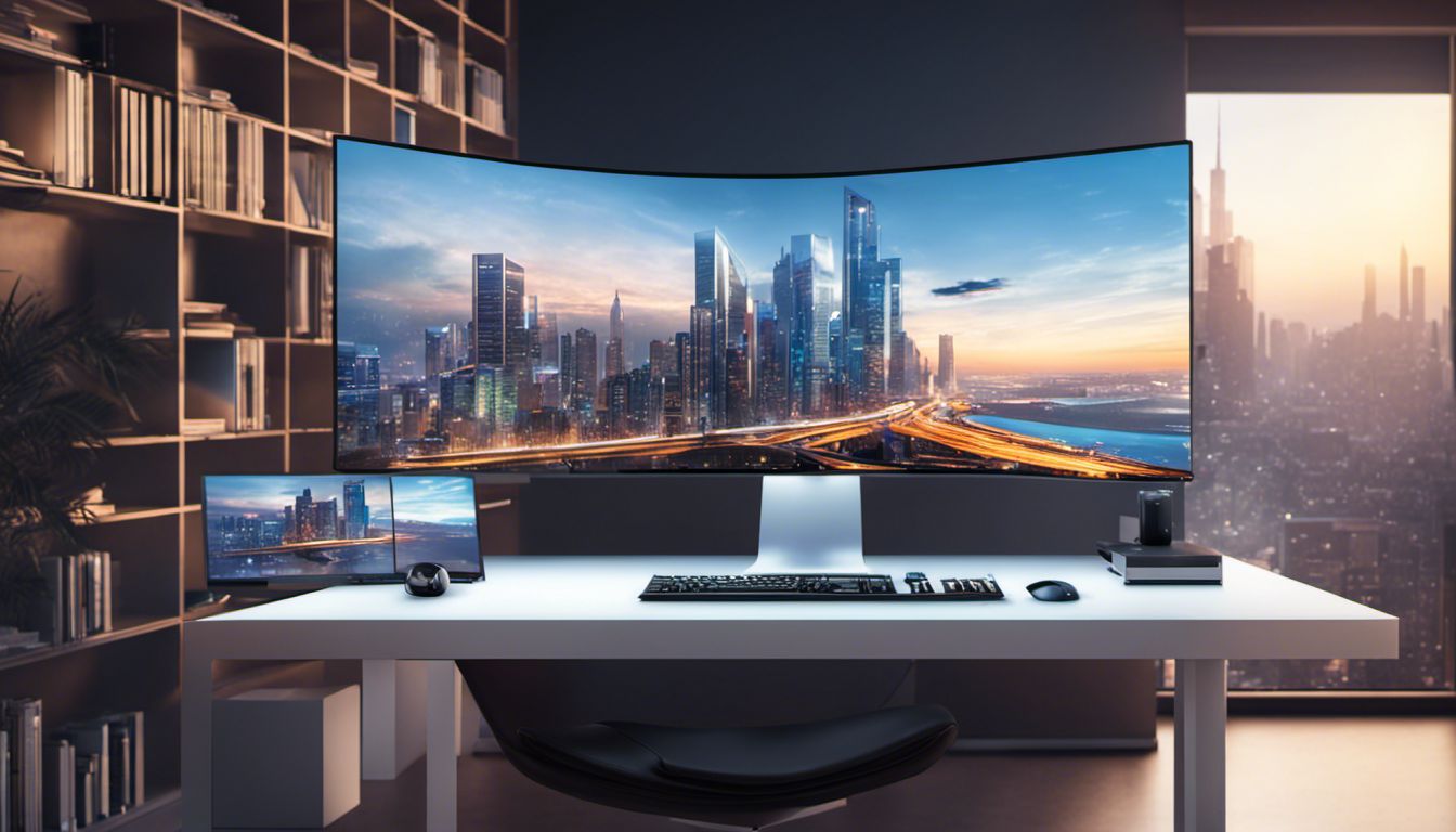 A minimalist and futuristic computer desk setup with dual monitors and a cityscape wallpaper.