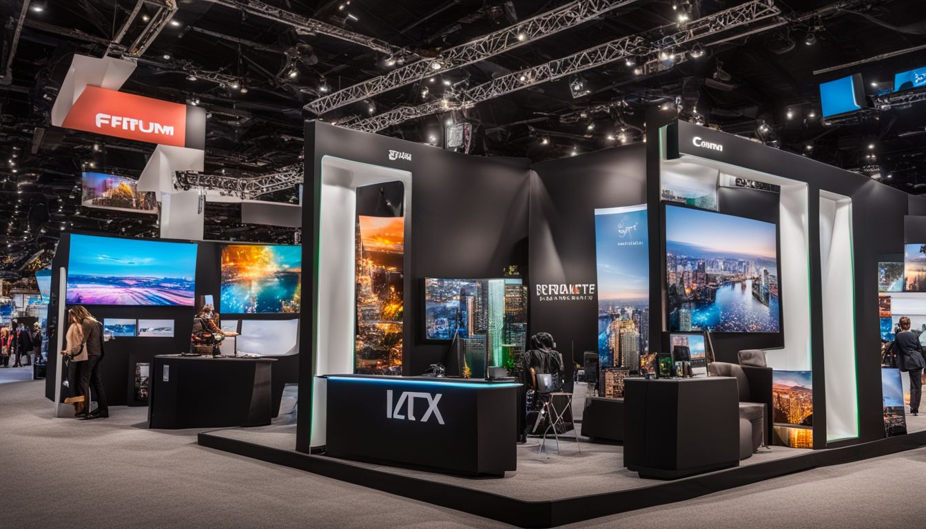 A vibrant and technologically advanced Expo booth with diverse displays and a bustling atmosphere.
