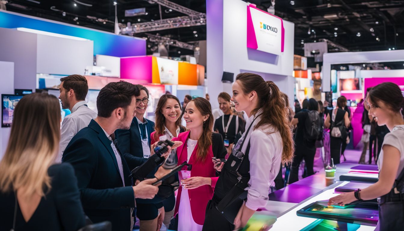 A vibrant expo booth with colorful displays and interactive technology at a brand activation event.