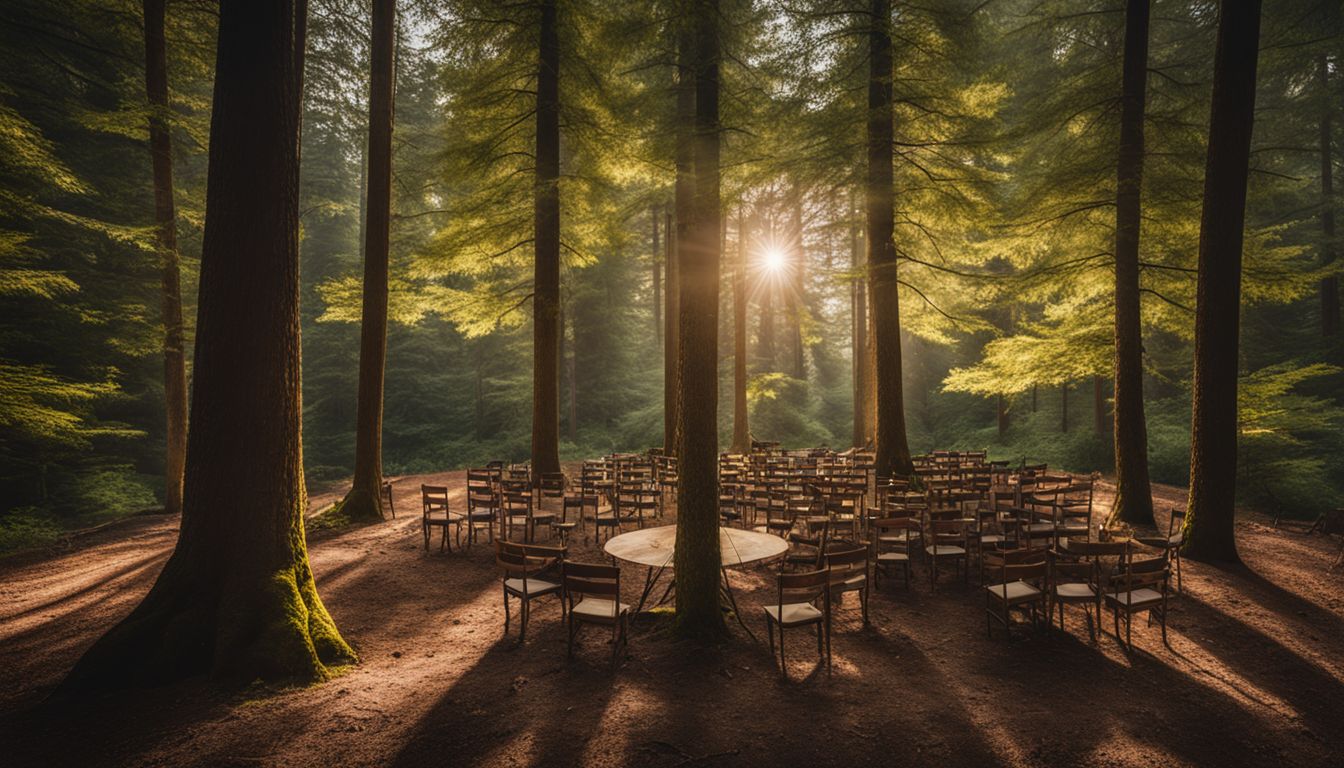 En fridfull skogsglänta med stolar i en cirkel omgiven av träd.