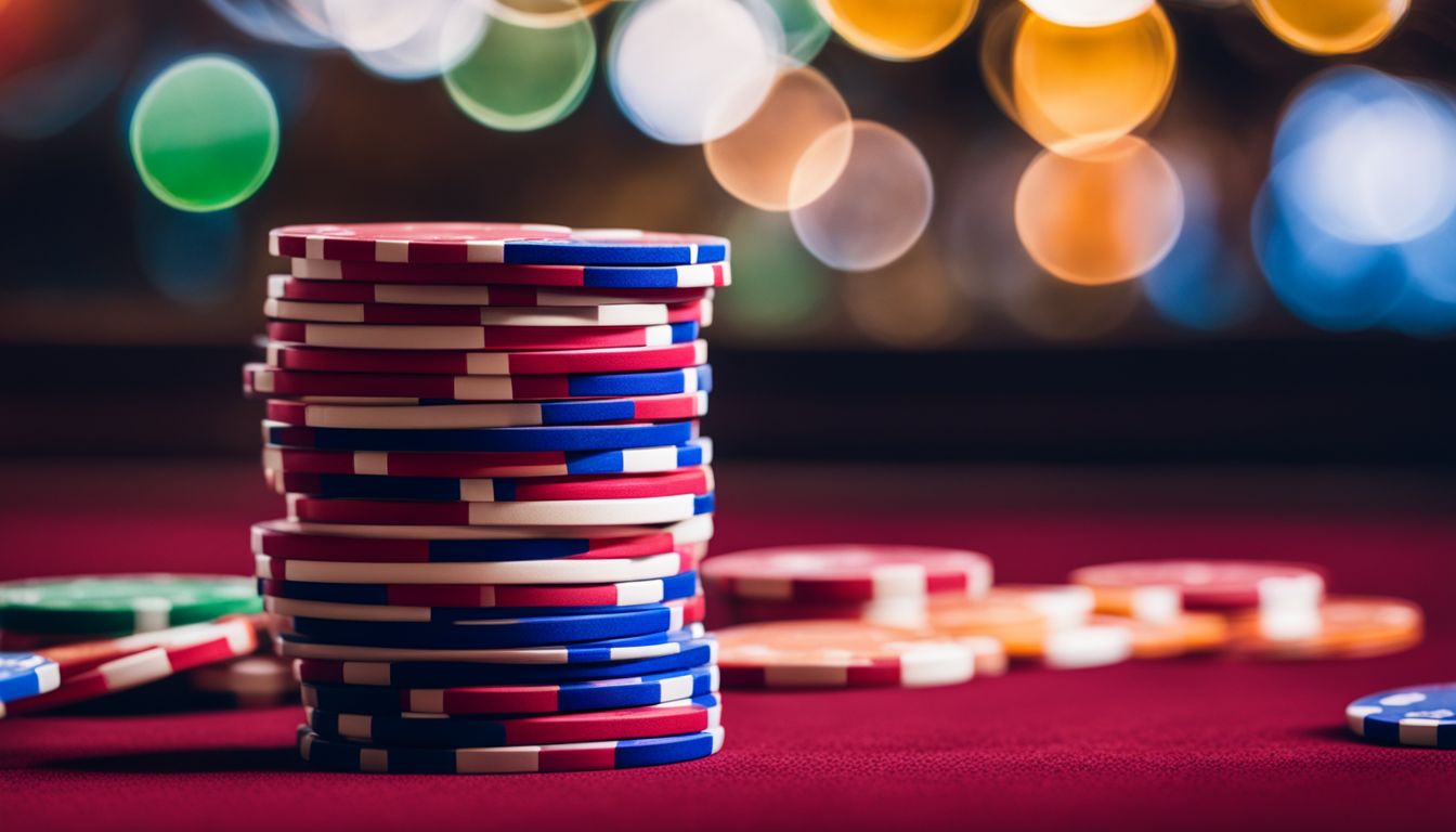 En närbild på en stapel pokerschips på ett kasino.